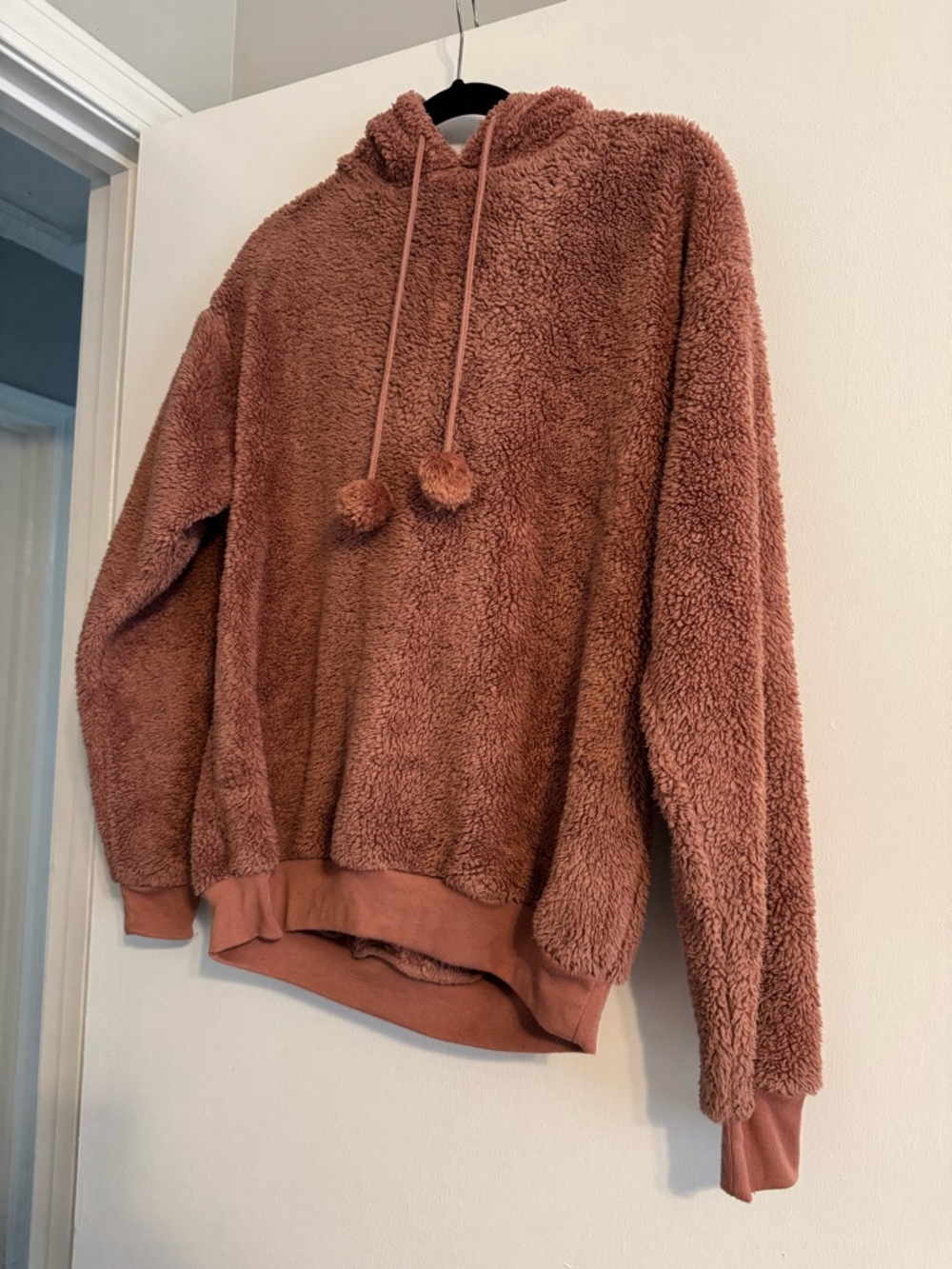 Cozy Plush Pom-Detail Hooded Pullover in Dusty Rose - Picture 6 of 7
